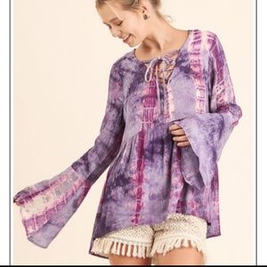 CHARLI Tie Dye Top High Low Hem Cotton Blend Long Bell Sleeves Purple Mix Lg NWT